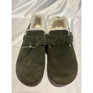 NWOT Earth Origins Aurora Jade Olive Suede Faux Fur Clog Slippers Women’s Size 6